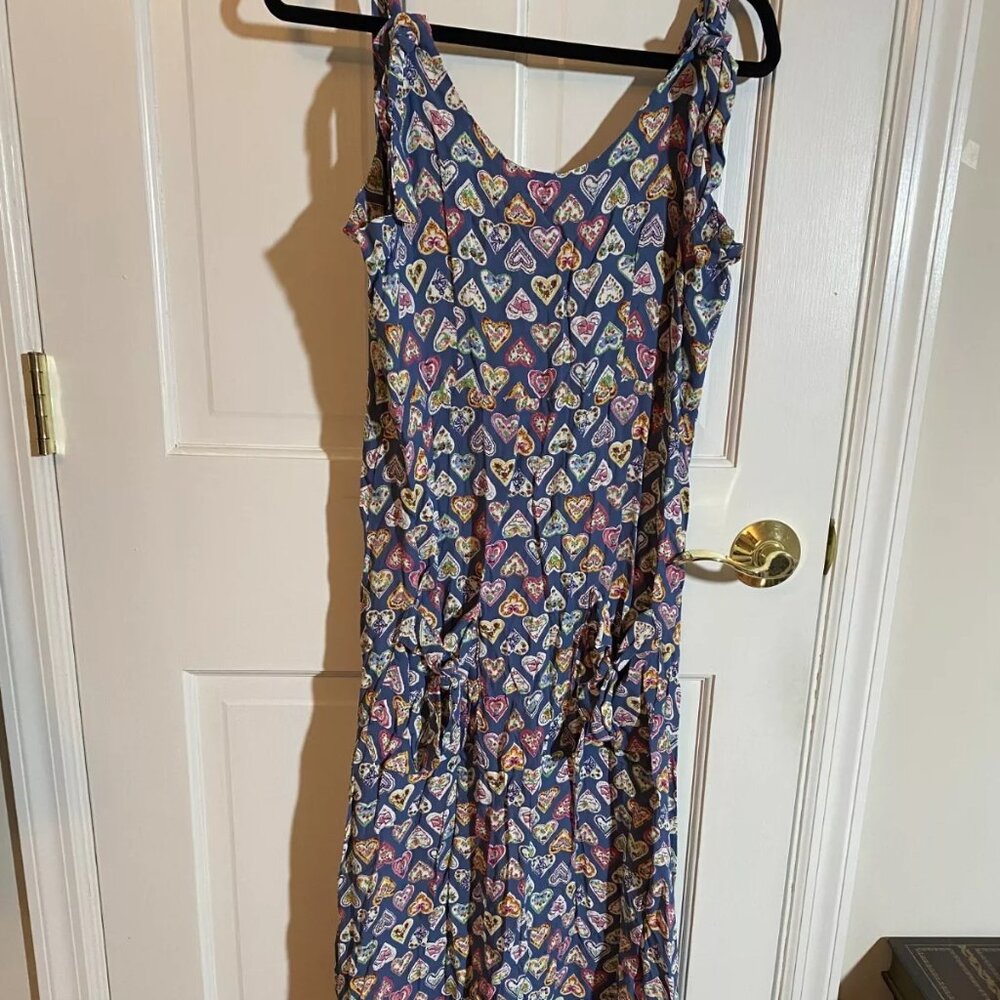 Vintage Cottagecore Maxi Dress Made in USA Heart Print Size Large Tie Straps